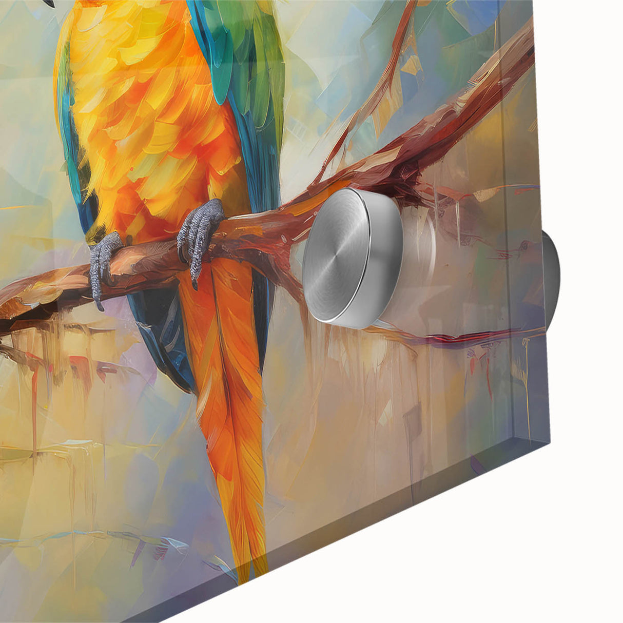 Close-up of vibrant acrylic wall art featuring a colorful design of macaws and other parrots, set against a textured background, perfect for bird lovers' decor.