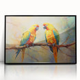 Framed wall art featuring a vibrant design of colorful parrots on a black background, showcasing intricate details and textures, perfect for enhancing home decor.