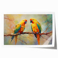 Vibrant rolled print showcasing a colorful design of various parrots perched on branches, ideal for enhancing home decor with tropical flair. Perfect for bird lovers and art enthusiasts.
