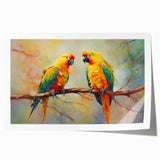 Vibrant rolled print showcasing a colorful design of various parrots perched on branches, ideal for enhancing home decor with tropical flair. Perfect for bird lovers and art enthusiasts.