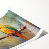 Vibrant wall art print showcasing an array of colorful parrots in a tropical setting, perfect for bird lovers and home decor enthusiasts. This rolled print adds a lively touch to any room.