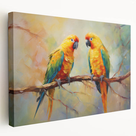 Vibrant stretched canvas wall art featuring a detailed design of colorful parrots amidst lush foliage, ideal for enhancing any living space's decor.