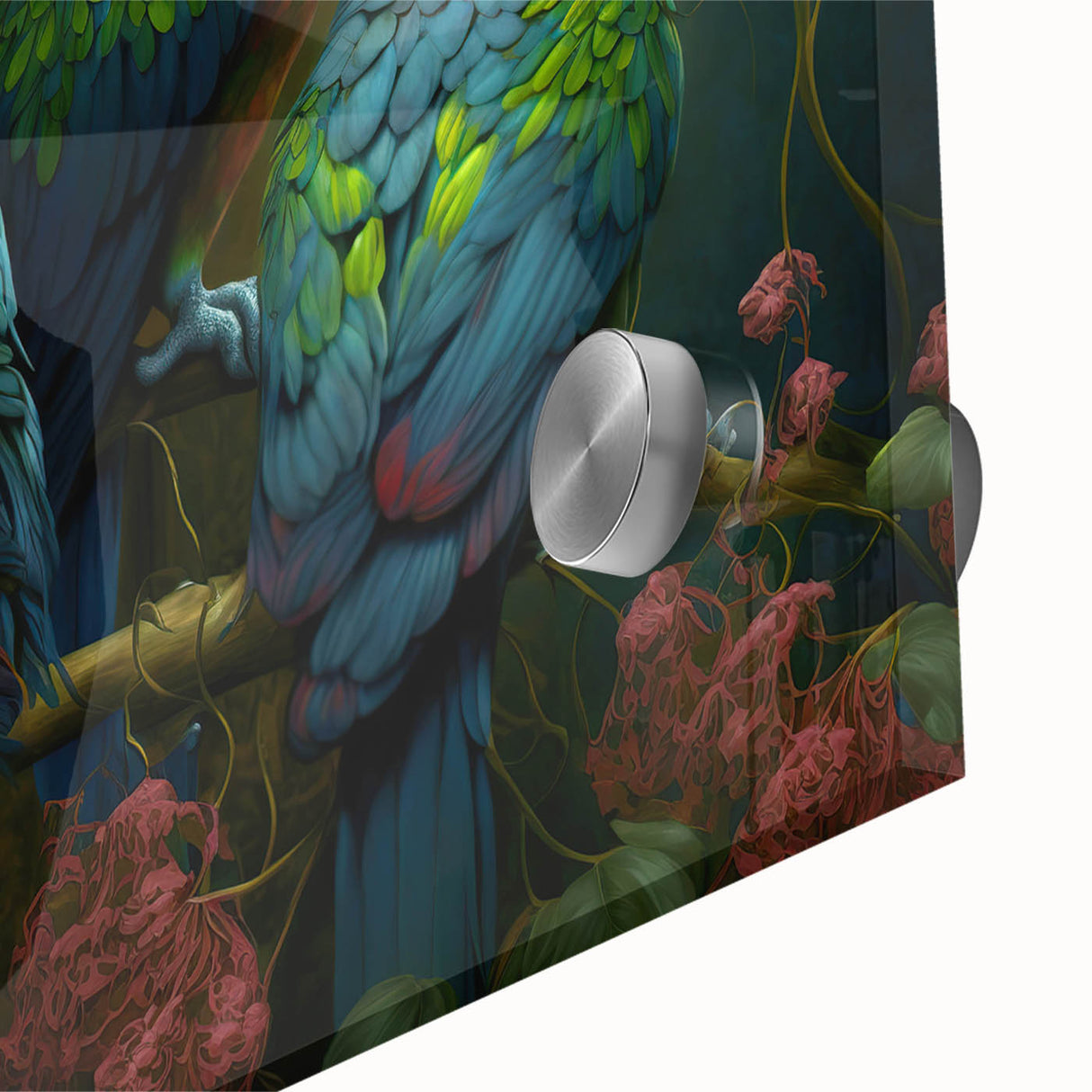 Vibrant close-up of a parrot-themed wall art collection, showcasing colorful acrylic glass design with intricate bird details, ideal for home decor.