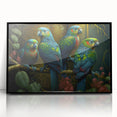Framed wall art showcasing a vibrant collection of colorful parrots on a black background, ideal for enhancing modern home decor with a tropical touch.