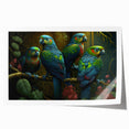 Colorful parrot design wall art print featuring tropical birds in vibrant hues, ideal for home decor. Rolled and ready for framing, showcasing artistic detail.