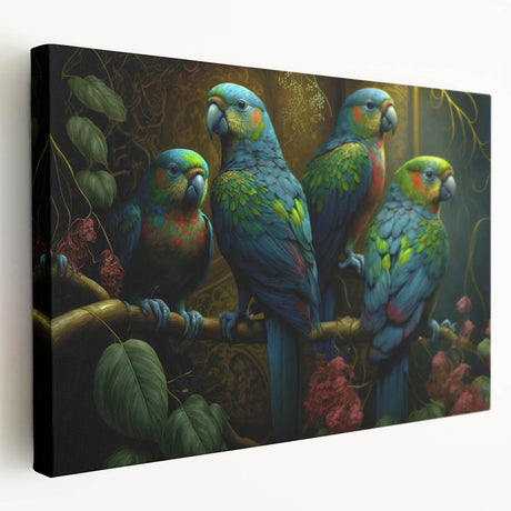 Vibrant stretched canvas wall art featuring colorful parrots in an intricate design, showcasing a side view of the artwork that enhances any room’s decor.