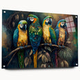 Acrylic glass wall art showcasing a vibrant parrot design, featuring a side view with decorative pins, perfect for adding a tropical touch to any space.