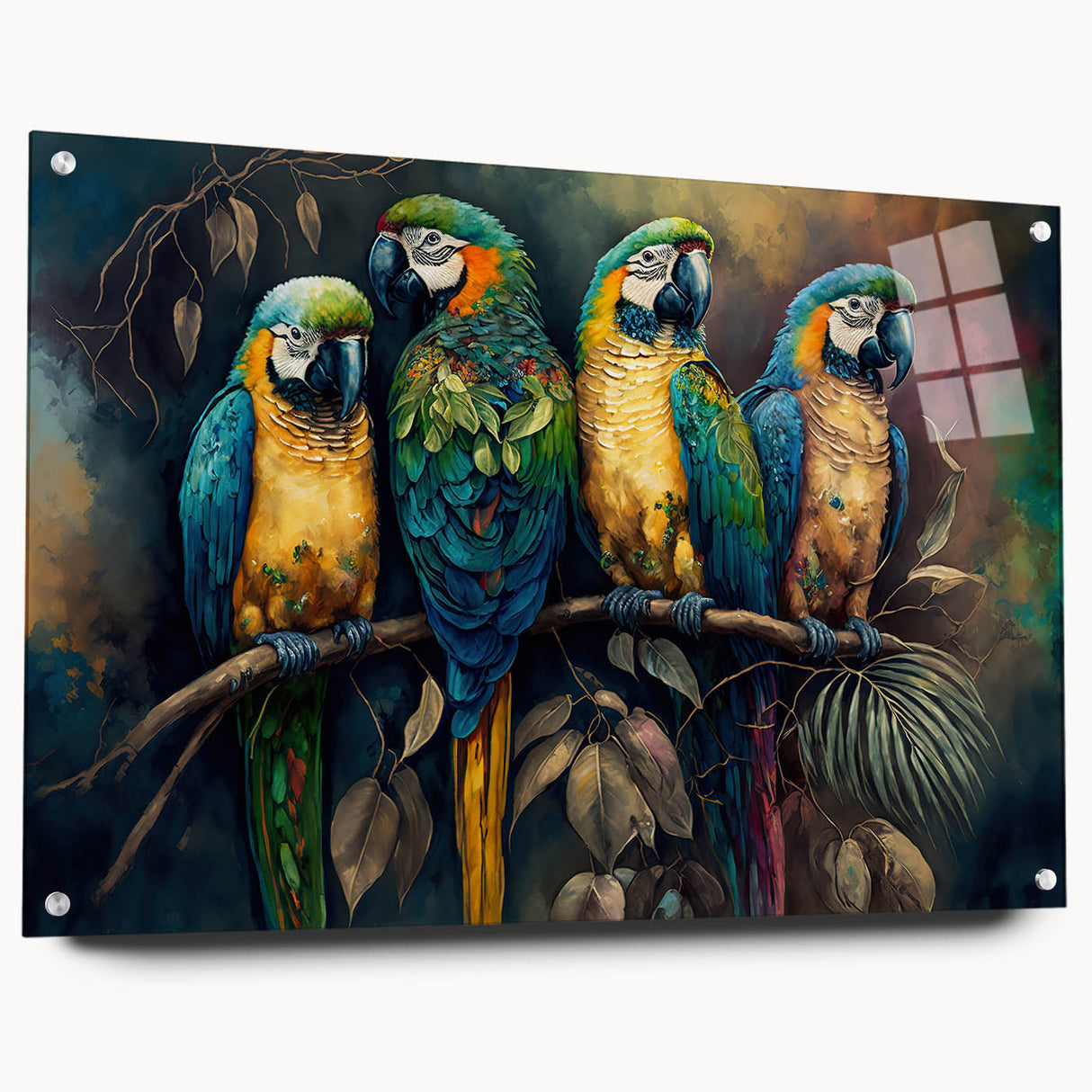 Acrylic glass wall art showcasing a vibrant parrot design, featuring a side view with decorative pins, perfect for adding a tropical touch to any space.
