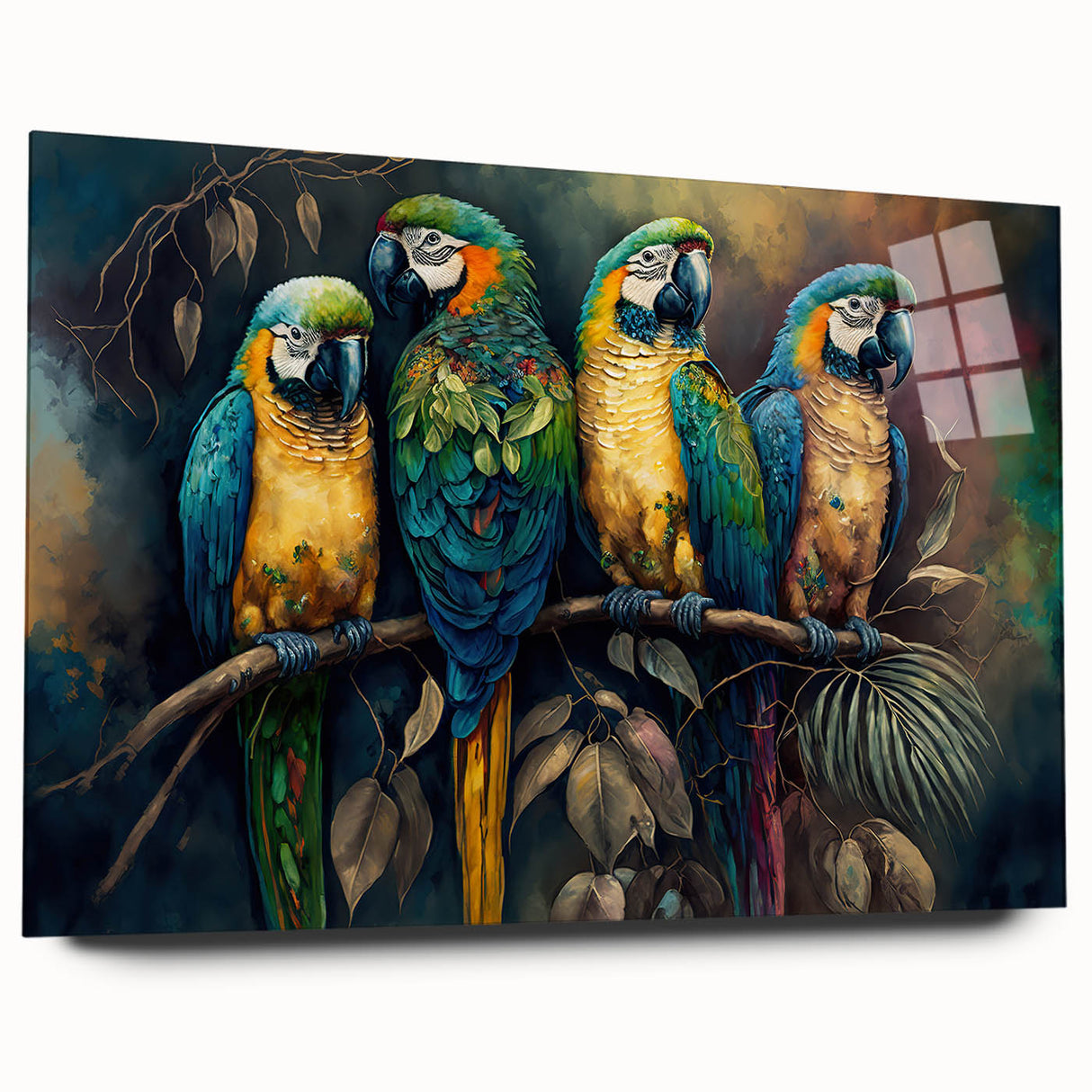 Vibrant wall art featuring a colorful parrot design printed on acrylic glass, showcasing a side view without pins, perfect for brightening home decor.