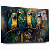 Vibrant wall art featuring a colorful parrot design printed on acrylic glass, showcasing a side view without pins, perfect for brightening home decor.