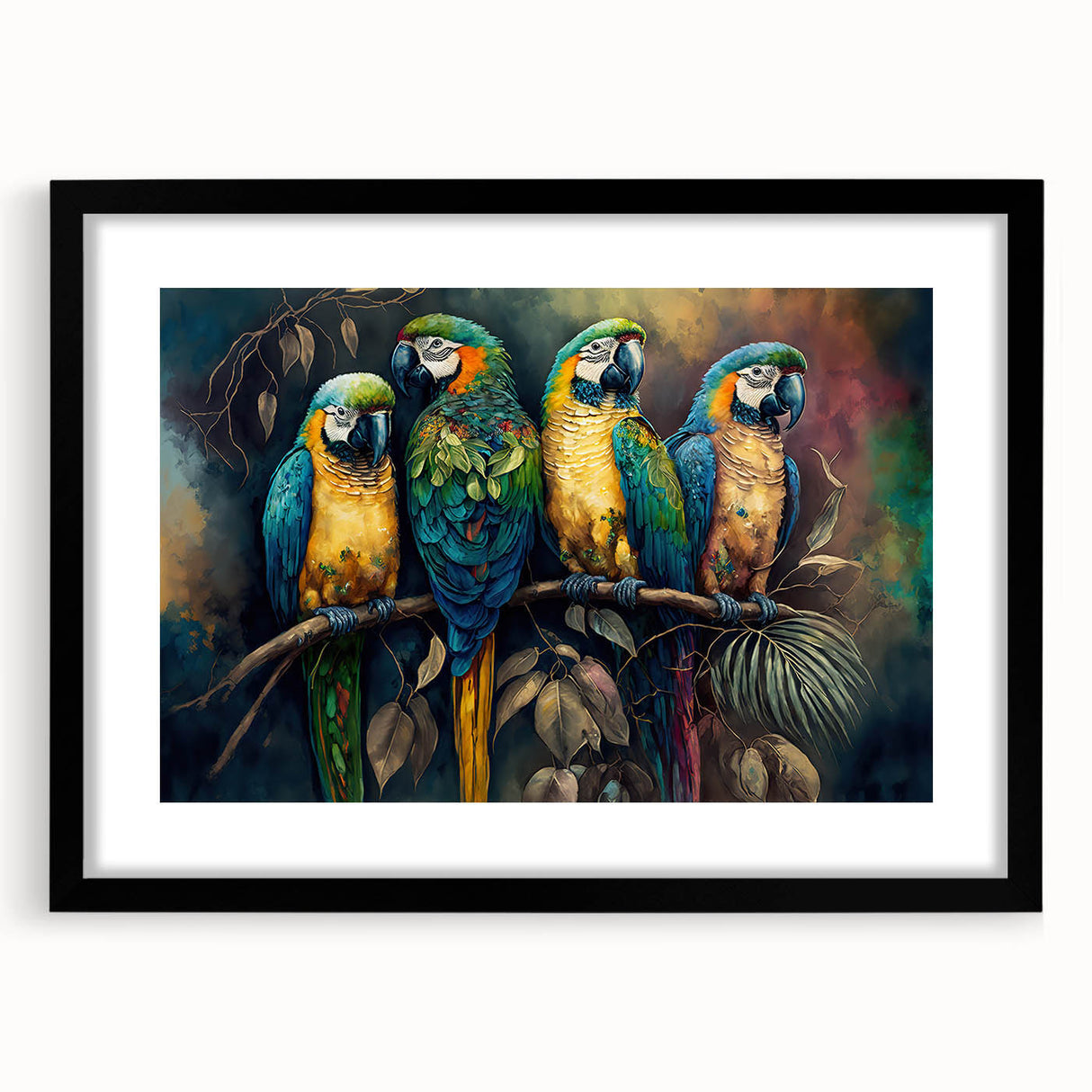 Framed wall art collection featuring colorful tropical birds and parrots, with a sleek black frame and mat, perfect for enhancing home decor and bringing nature indoors.