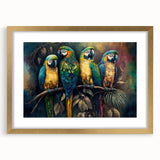 Framed wall art showcasing a vibrant design of colorful parrots surrounded by lush foliage, with a gold matting that enhances the artwork's elegance. This decorative piece adds a tropical flair to any living space.