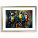 Framed wall art showcasing a vibrant design of colorful parrots against a silver mat, perfect for adding a tropical touch to home decor. This artwork enhances any living space with its lively colors and intricate details.