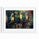 Colorful wall art featuring a framed design of parrots in vibrant hues, displayed against a white mat, perfect for enhancing home decor with a tropical theme.