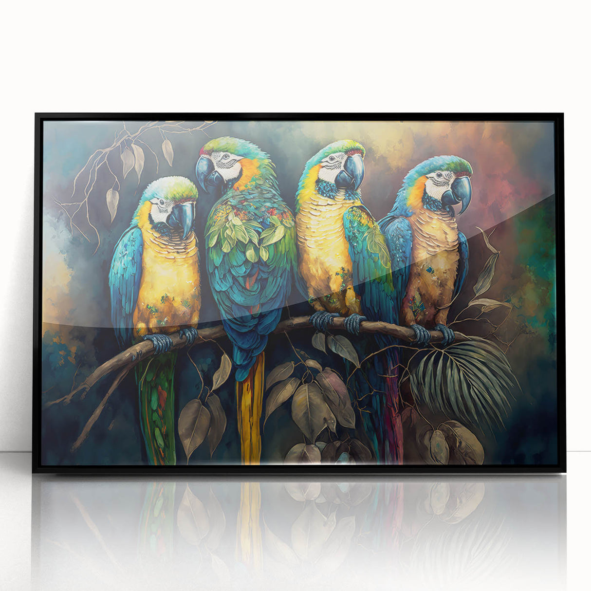 Framed wall art featuring a vibrant collection of colorful parrots in a black acrylic frame, perfect for enhancing modern home decor and bird-themed interiors.