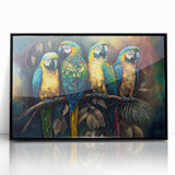 Framed wall art featuring a vibrant collection of colorful parrots in a black acrylic frame, perfect for enhancing modern home decor and bird-themed interiors.