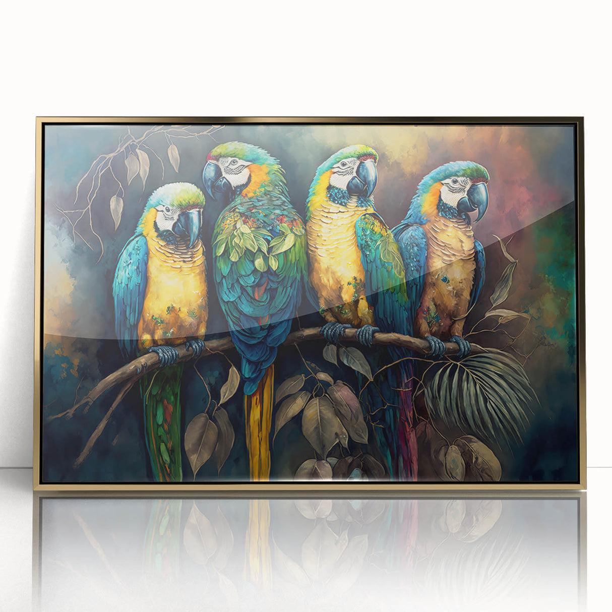Framed wall art featuring a vibrant design of colorful parrots on a gold background, showcasing intricate details and textures, ideal for enhancing modern home decor.