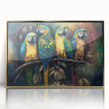 Framed wall art featuring a vibrant design of colorful parrots on a gold background, showcasing intricate details and textures, ideal for enhancing modern home decor.