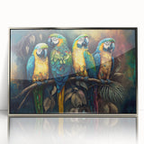 Framed wall art featuring a vibrant collection of colorful parrots, crafted with an acrylic front and a sleek silver frame, perfect for enhancing home decor.