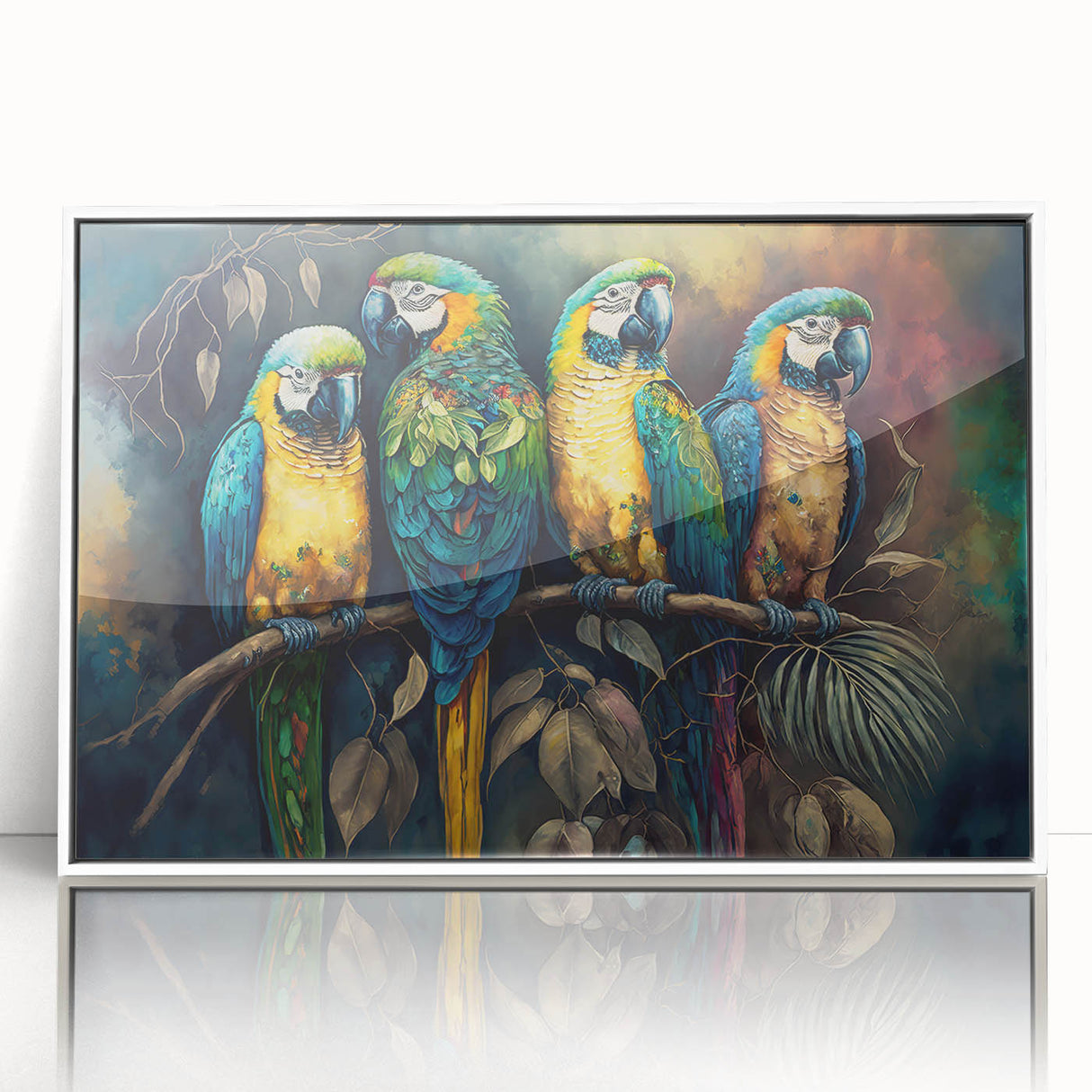 Framed acrylic wall art featuring vibrant parrot designs in various colors, set against a white background, showcasing tropical elegance for home decor. This decorative piece adds a lively touch to any room, perfect for bird lovers and art enthusiasts.