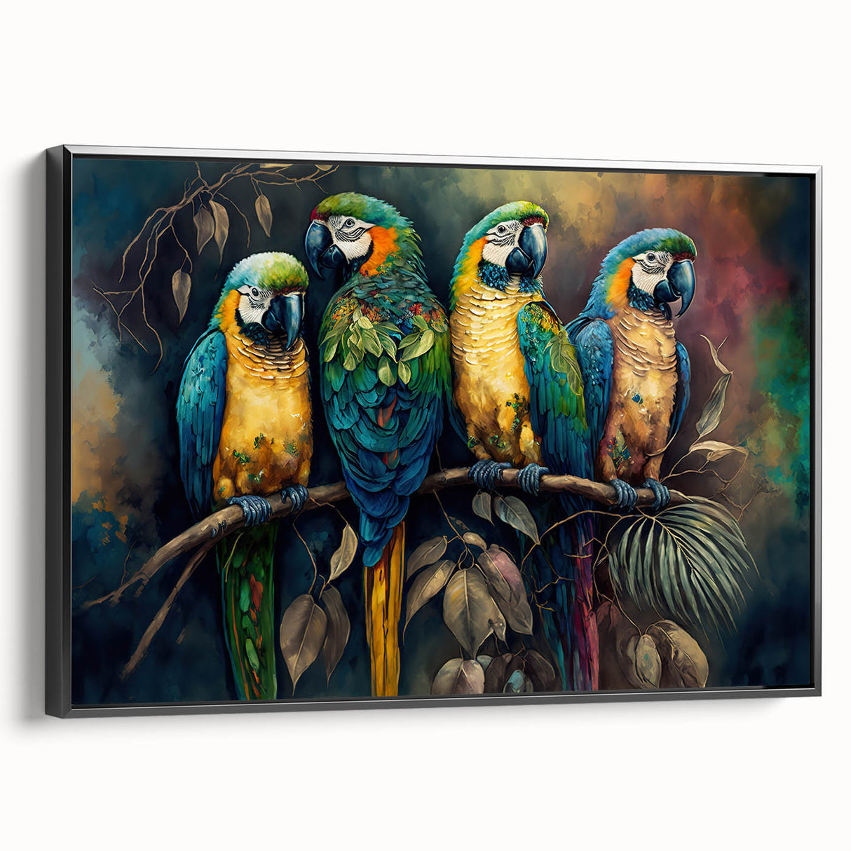 Framed wall art featuring a vibrant parrot design on canvas, presented in a sleek black frame, showcasing detailed colors and textures ideal for bird lovers' decor.