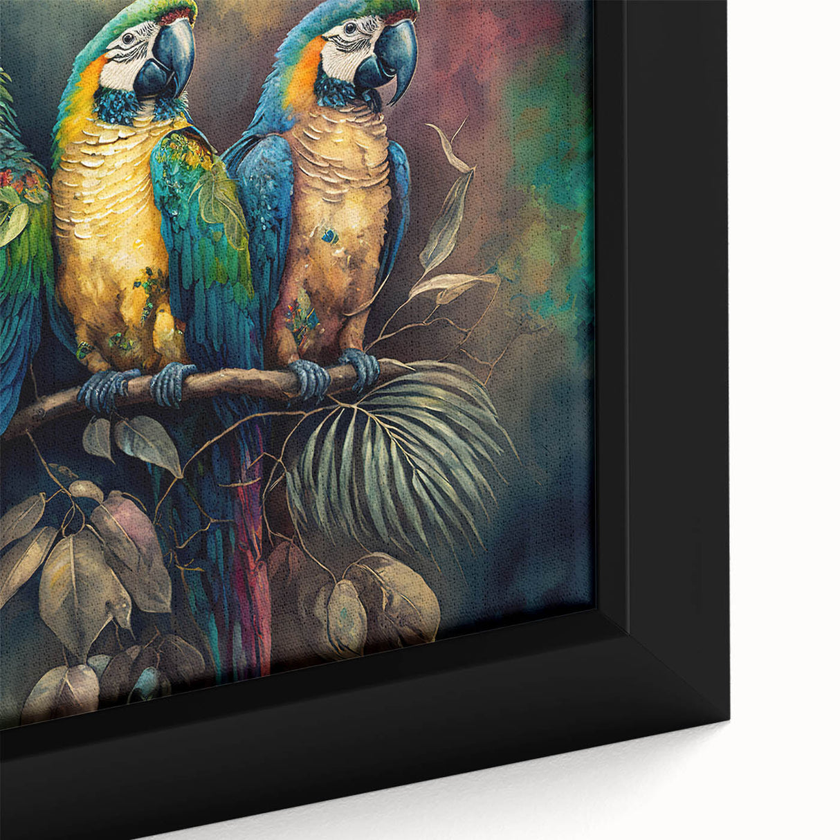 Vibrant close-up of a framed canvas wall art featuring colorful parrots amidst lush greenery, showcasing intricate details and textures, perfect for tropical decor enthusiasts.