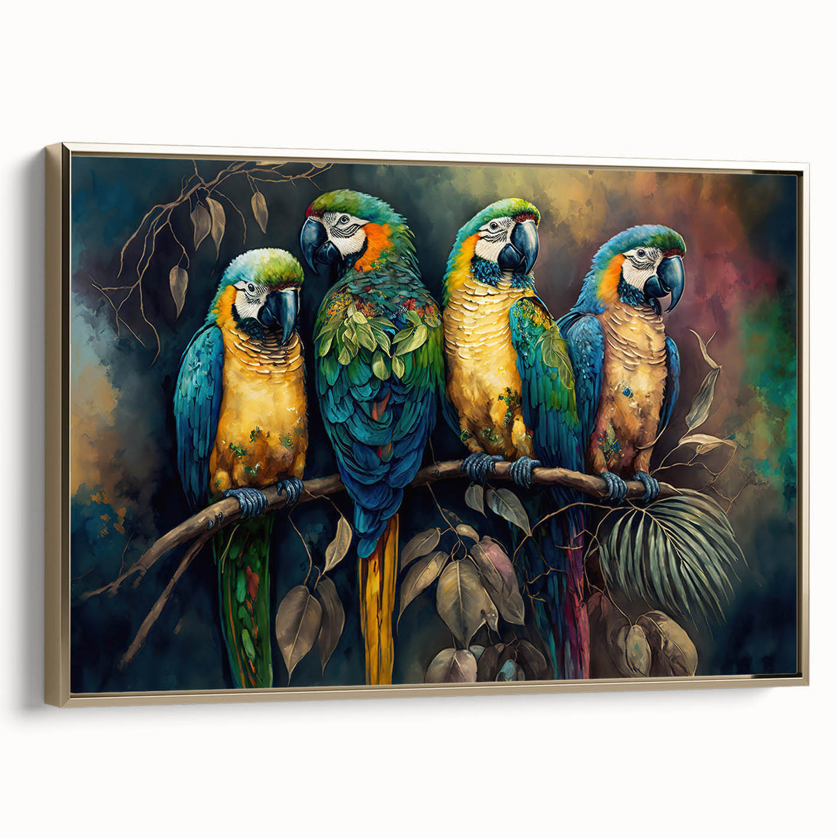 Framed wall art depicting colorful parrots in a lush tropical setting, featuring a gold decorative frame. Ideal for enhancing living spaces with vibrant nature themes.
