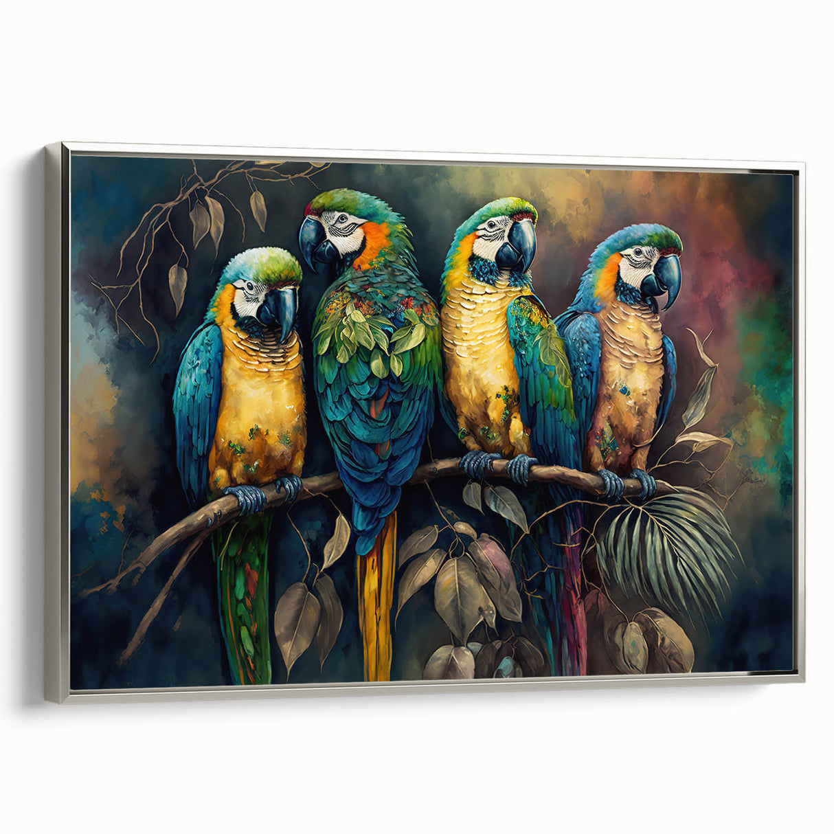 Framed wall art featuring a colorful collection of parrot designs on canvas, displayed in a sleek silver frame, perfect for vibrant home decor.