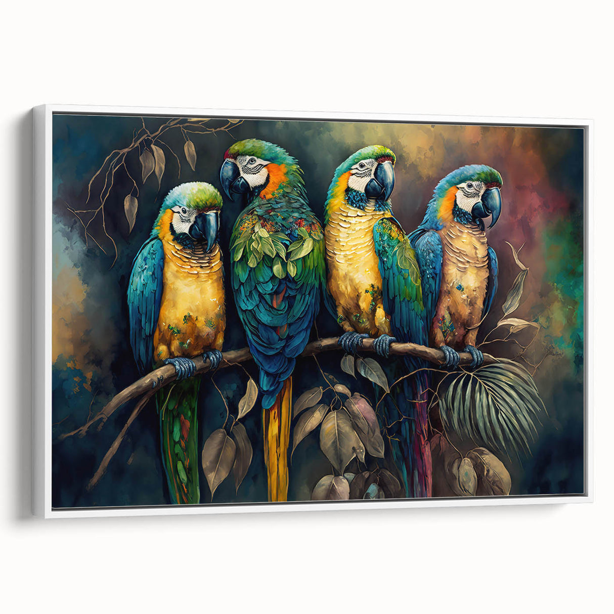 Framed canvas wall art showcasing a vibrant parrot design in bright colors, set against a white background, perfect for enhancing home decor with a tropical theme.