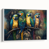 Framed canvas wall art showcasing a vibrant parrot design in bright colors, set against a white background, perfect for enhancing home decor with a tropical theme.