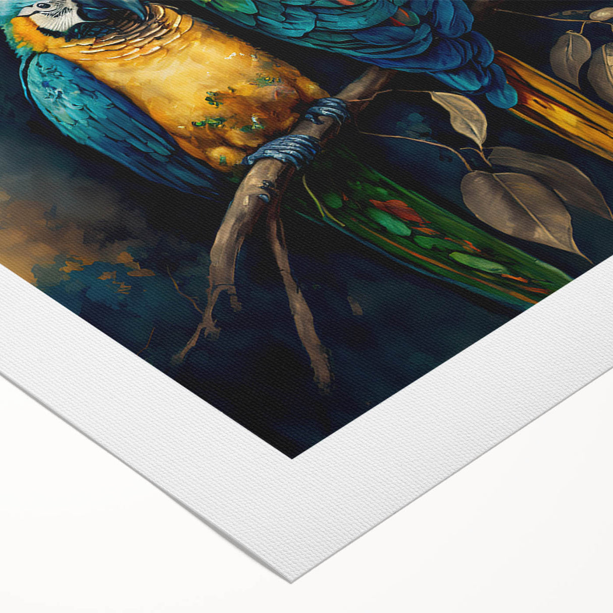 Vibrant rolled canvas featuring a colorful design of tropical birds and parrots in a lush green setting, ideal for home decor or art enthusiasts, showcasing intricate details and bright hues.