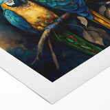 Vibrant rolled canvas featuring a colorful design of tropical birds and parrots in a lush green setting, ideal for home decor or art enthusiasts, showcasing intricate details and bright hues.