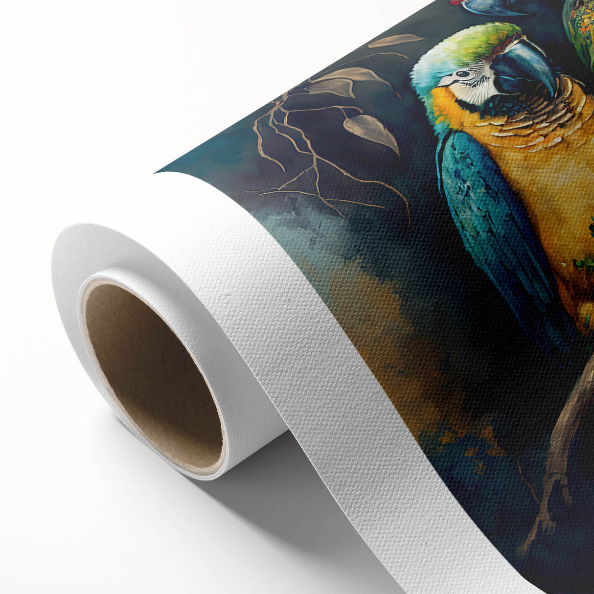 Colorful rolled canvas artwork showcasing a vibrant design of various tropical birds and parrots, ideal for enhancing home decor, packaged securely in a protective tube.