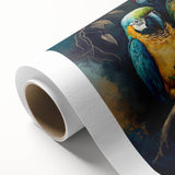 Colorful rolled canvas artwork showcasing a vibrant design of various tropical birds and parrots, ideal for enhancing home decor, packaged securely in a protective tube.