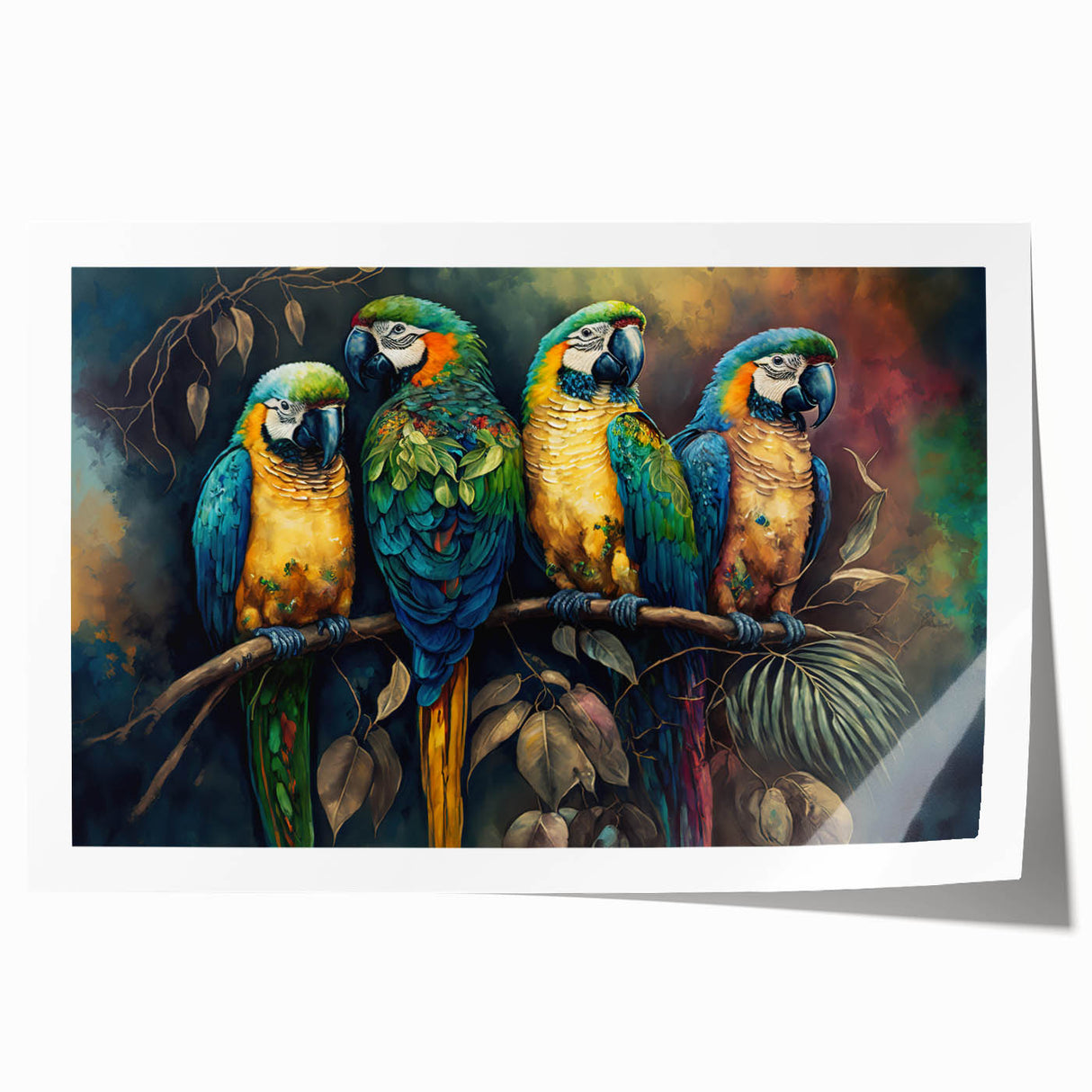 Vibrant rolled print featuring an intricate design of colorful parrots and tropical foliage, perfect for enhancing any living space or office decor.