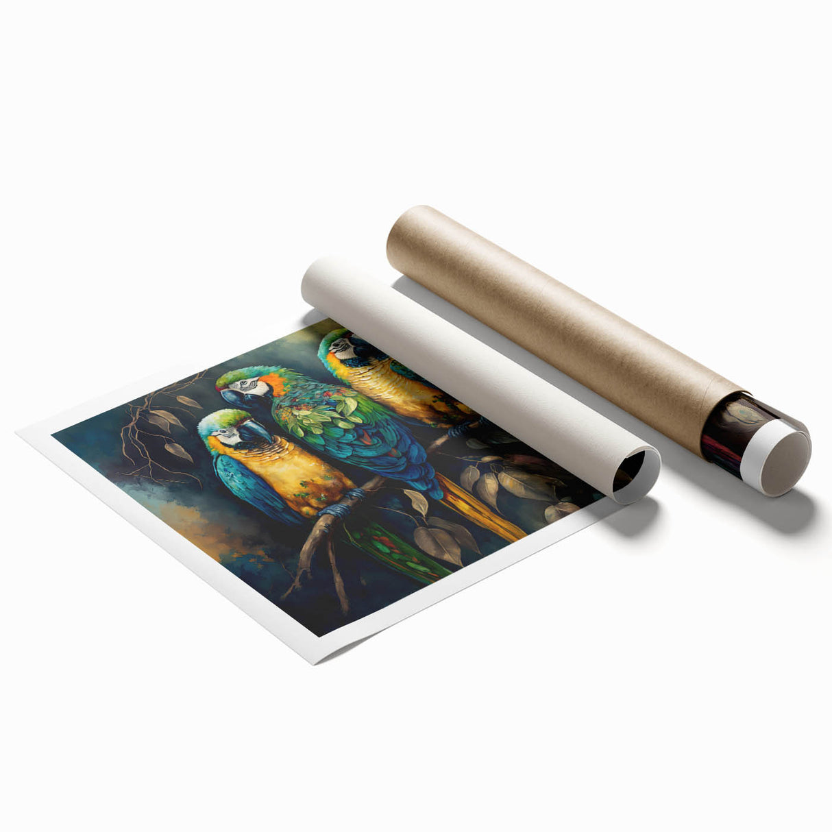 Vibrant wall art print showcasing a colorful parrot design with intricate details, ideal for home decor or bird-themed interiors, rolled for easy framing.