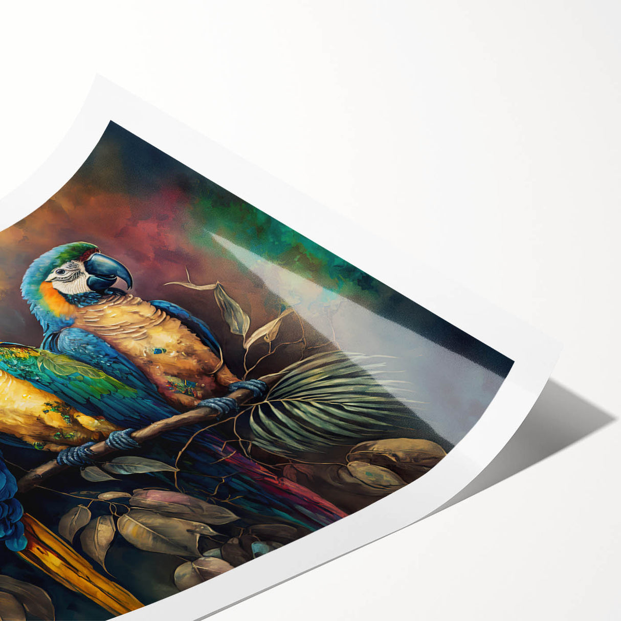 Vibrant rolled print showcasing a colorful bird and parrot design, ideal for home decor. Perfect for nature lovers, this art piece adds a tropical touch to any room.