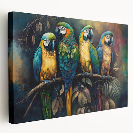 Vibrant canvas wall art featuring colorful parrots perched on branches, showcasing intricate details and textures, perfect for adding a tropical touch to home decor.