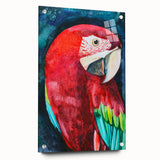 Vibrant acrylic wall art collection showcasing colorful parrot designs, presented in a modern side view with decorative pins, perfect for enhancing interior decor.