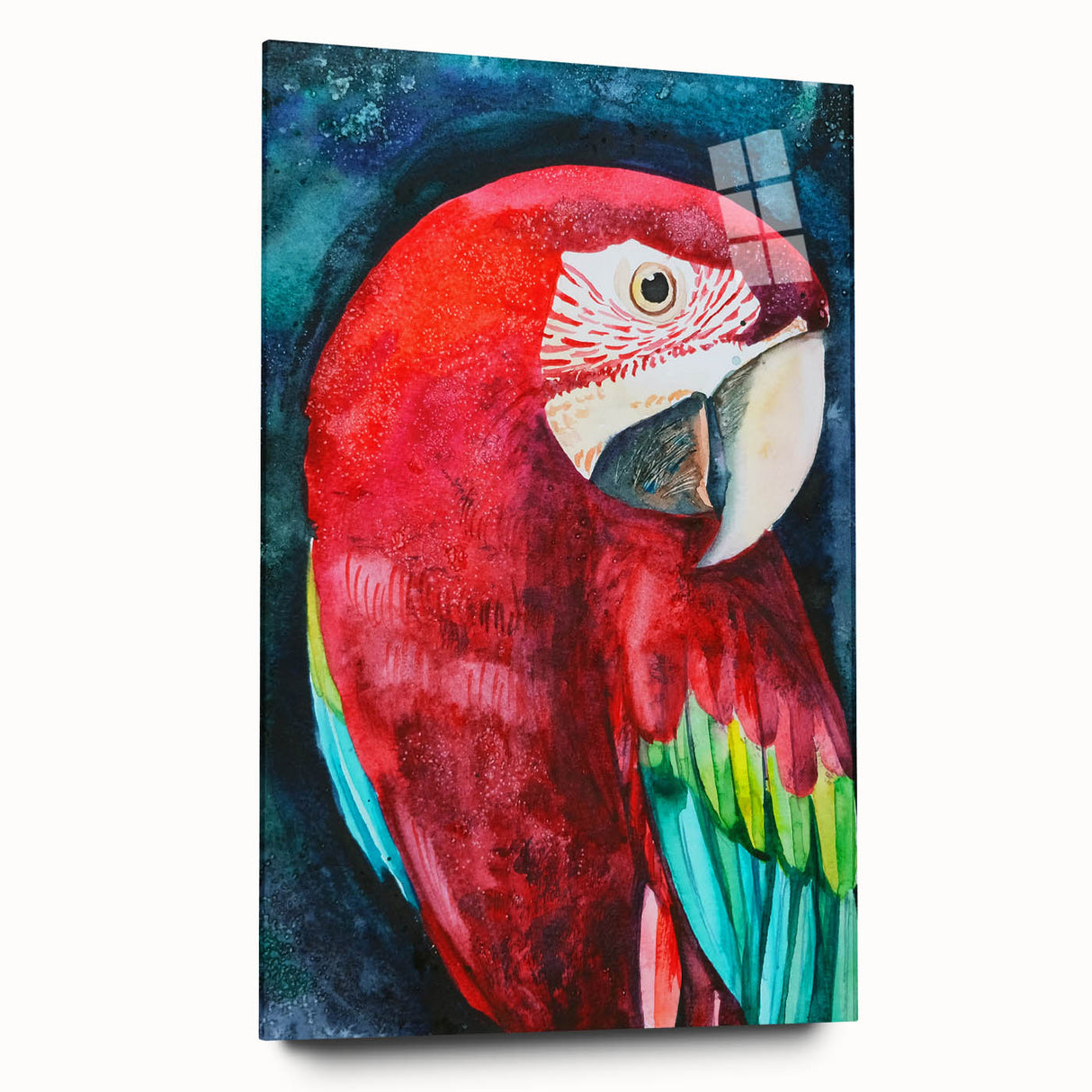 Vibrant acrylic wall art featuring a colorful parrot design, showcasing intricate details and a side profile view, perfect for enhancing any living space decor.