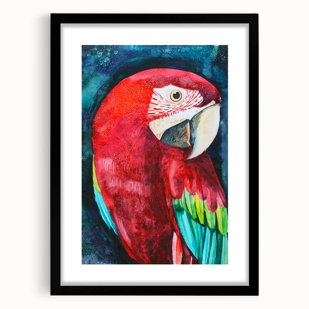 Framed wall art featuring a vibrant collection of parrot designs in various colors, set in a sleek black frame with a mat, ideal for bird lovers and modern decor.