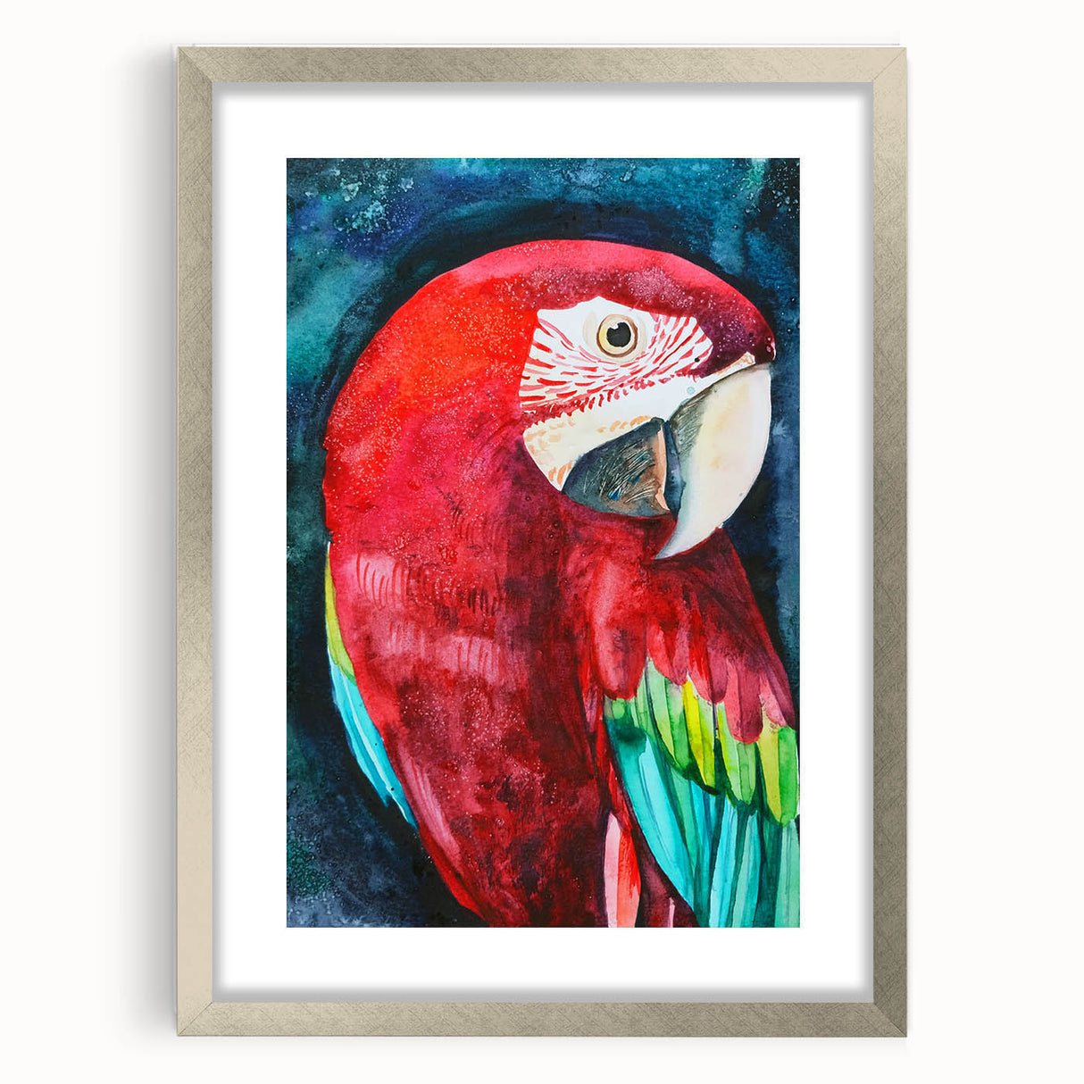 Elegant silver-framed wall art displaying a vibrant collection of colorful parrots, perfect for adding a tropical touch to modern decor.