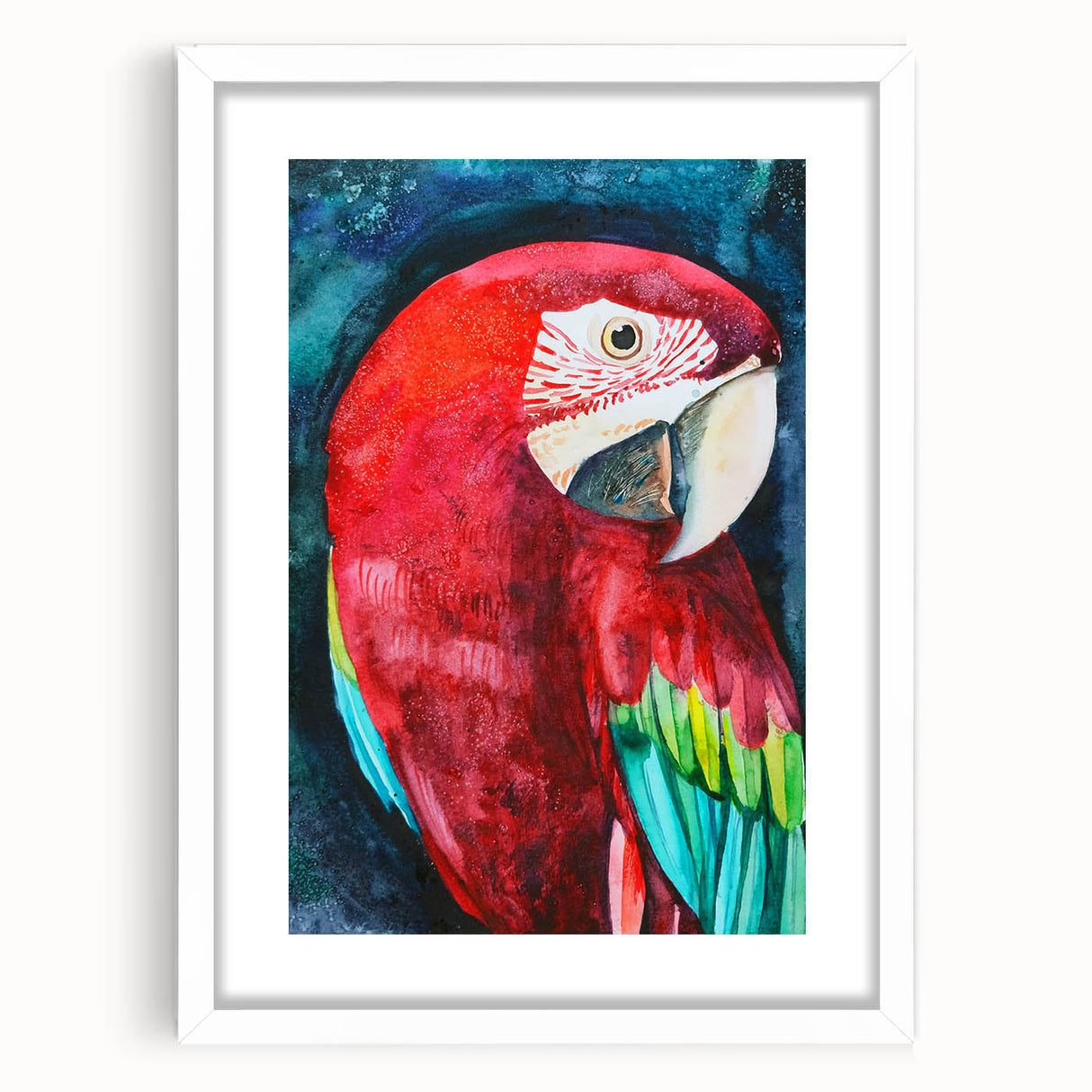 Framed wall art featuring a vibrant design of colorful parrots, set in a white mat, perfect for adding a tropical touch to home decor. Ideal for bird lovers and nature enthusiasts.