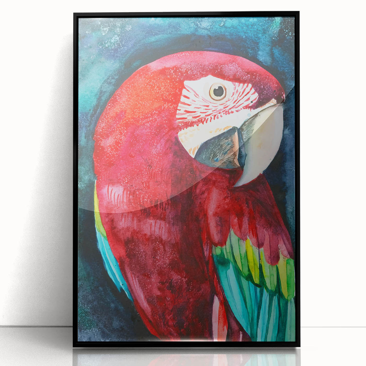 Framed wall art featuring a vibrant design of colorful parrots on a black background, showcasing intricate details and perfect for enhancing home decor.