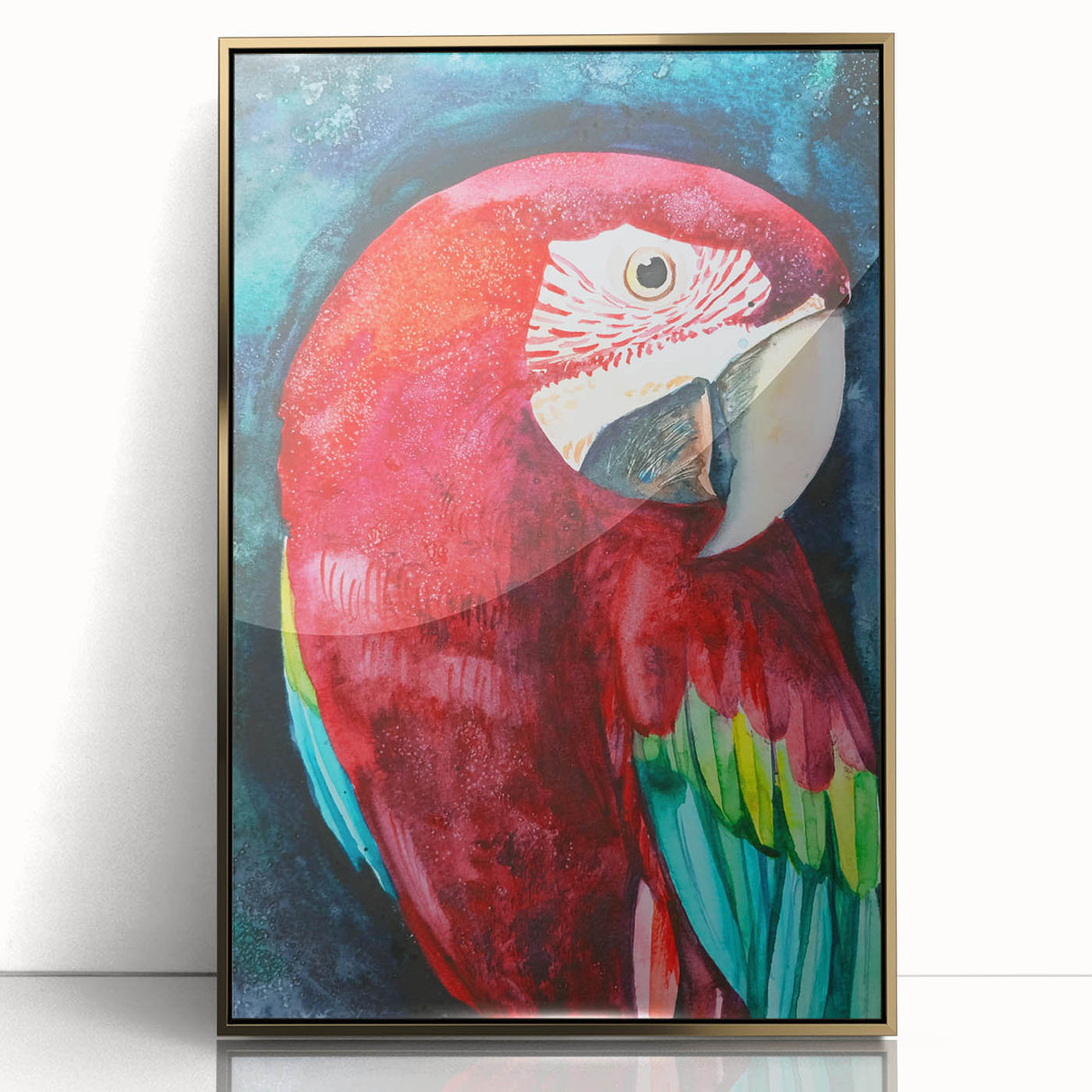 Framed wall art featuring a vibrant collection of colorful parrots on an elegant gold-accented background, perfect for enhancing any modern decor.