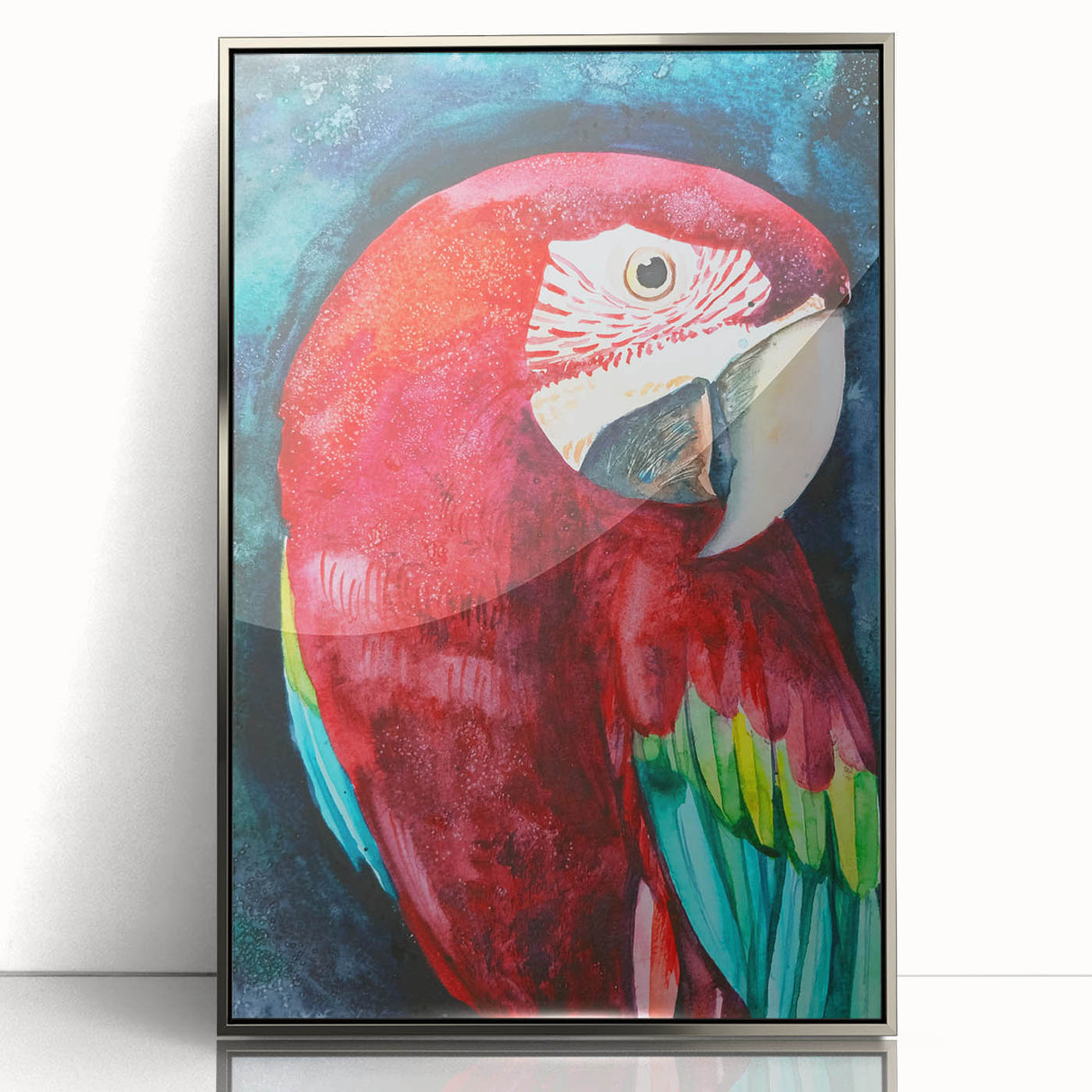 Framed acrylic wall art featuring a vibrant design of colorful parrots against a sleek silver background, perfect for adding a tropical touch to modern decor.
