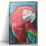 Framed acrylic wall art featuring a vibrant design of colorful parrots against a sleek silver background, perfect for adding a tropical touch to modern decor.
