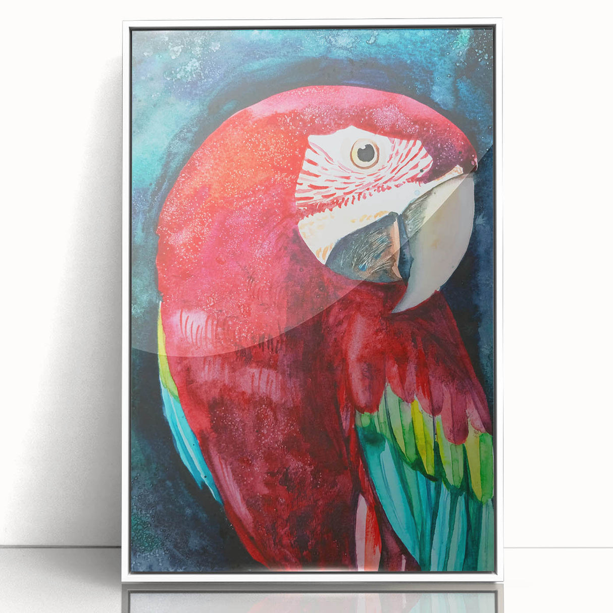 Framed wall art collection showcasing vibrant parrot designs in acrylic, featuring a sleek white frame. Ideal for adding a tropical touch to home decor.