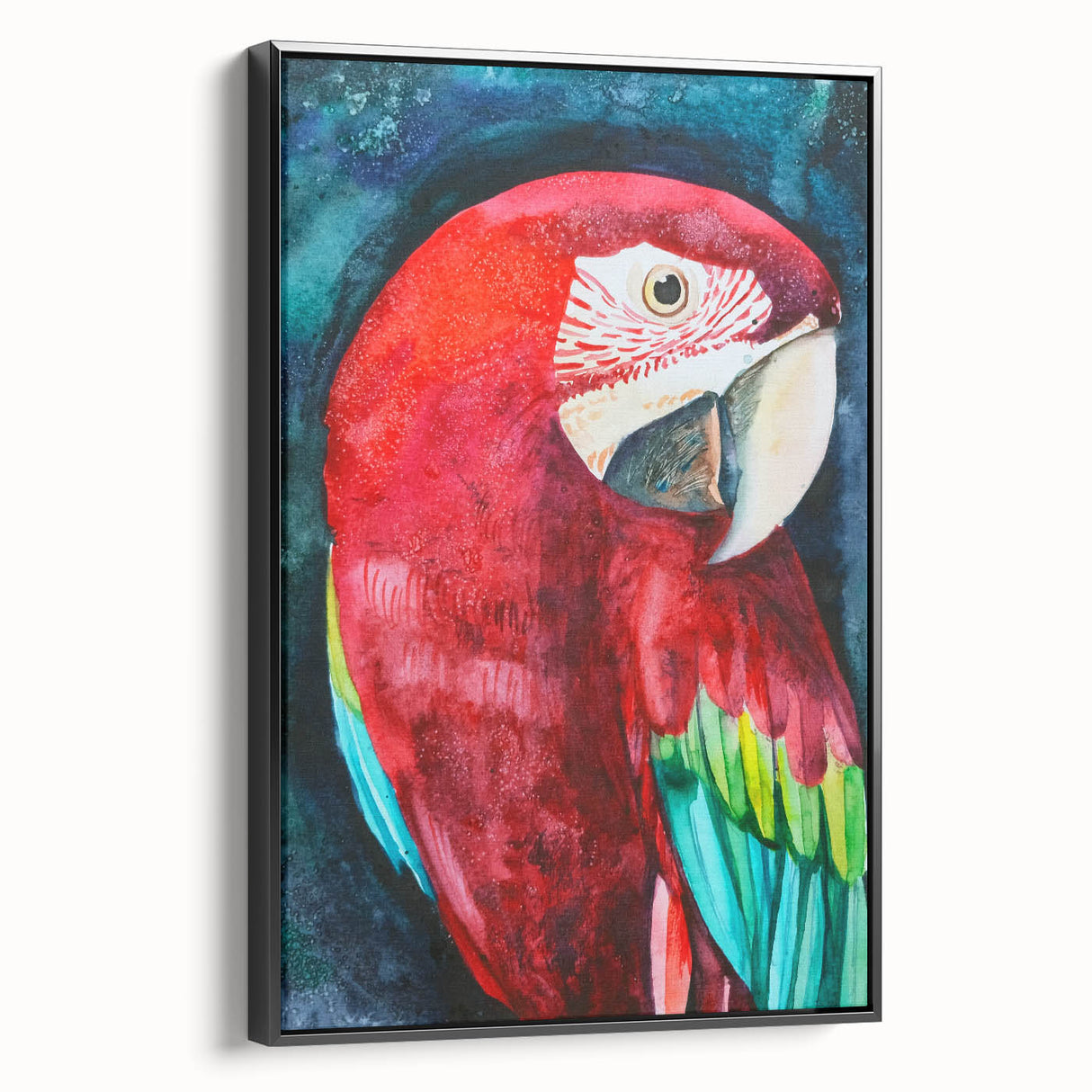Framed wall art featuring a vibrant design of colorful parrots on a textured canvas, showcased from a black side view, perfect for enhancing home decor.
