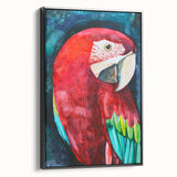 Framed wall art featuring a vibrant design of colorful parrots on a textured canvas, showcased from a black side view, perfect for enhancing home decor.